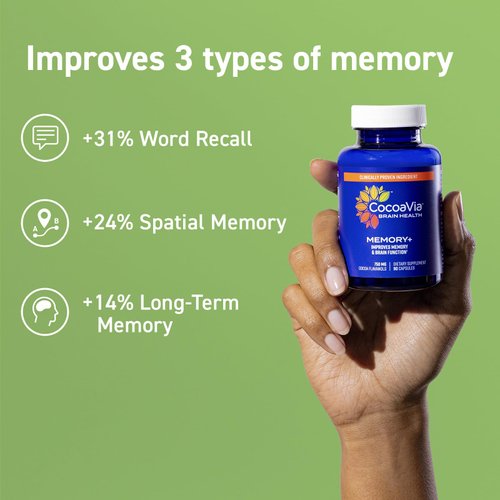 CocoaVia Memory+ Brain Supplement, Clinically Proven Memory and Brain Booster, Plant Based Supplement, Sugar Free, Gluten Free, Vegan, 750 mg Cocoa Flavanols Capsules, 30 Day Supply