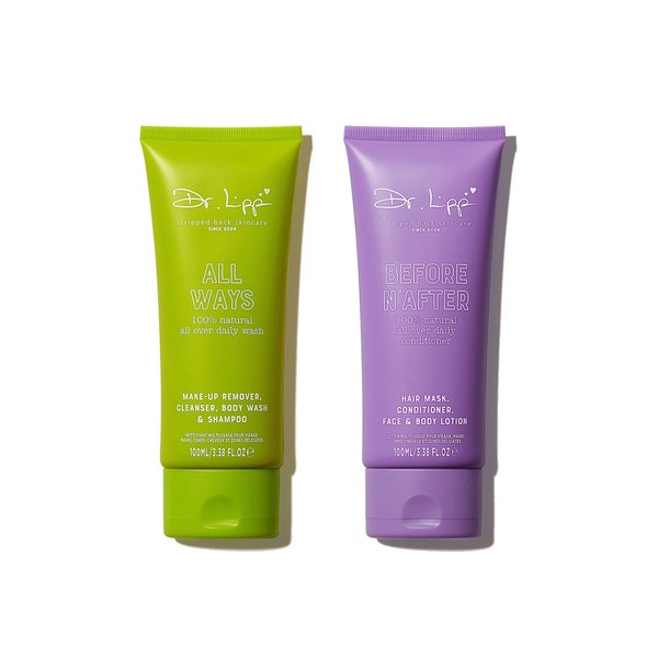 Dr.Lipp, Wash and Glow. 9-In-TWO. Shampoo, Conditioner, Body Wash, Face & Body Lotion, Make-up Remover plus More. 100% natural-origin. 2 x 100 ML.