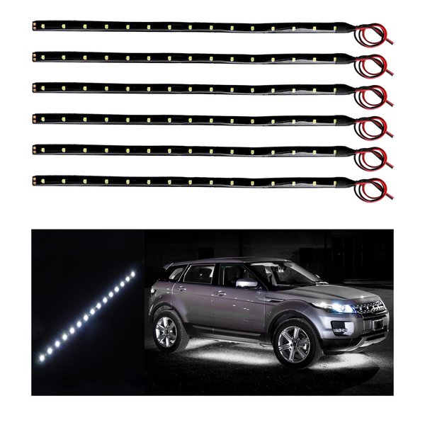 Dickno 6 PCS 15 LED Strip Underbody Light, 1Ft 12V Waterproof Car Led Interior Exterior Strip Light with 6 Inch Wire, Flexible Auto Light Strip Decoration for Car Motorcycle Truck Boat (White)