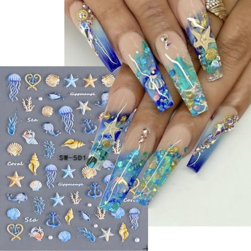 Summer Ocean Life Nail Art Stickers 5D Embossed Seashell Starfish Nail Decals Self-Adhesive Glitter Plastic Sea Creature Designs Summer Nail Art Supplies Marine Life Manicure Sliders for Women Girls