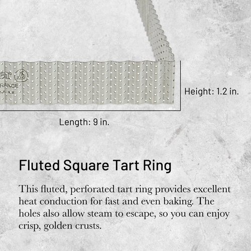 de Buyer Perforated Fluted Square Tart Ring - 9” x 9” x 1.2” Perfect for Baking Beautifully Crisp Tarts - Easy to Use & Clean - Made in France
