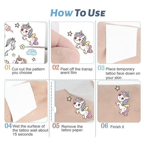 30 Sheets Temporary Tattoos Kit for Kids, Fake Cute Tattoo Stickers Waterproof, Birthday Party Favor (Unicorn ＆ Princess ＆Dessert)