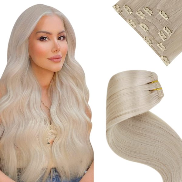 LaaVoo Platinum Blonde Clip in Hair Extensions Human Hair 20 Inch #60 White Blonde Human Hair Clip in Extensions Straight Real Hair Extensions Natural Blonde Remy Human Hair 5pcs/80g