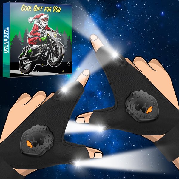 LED Flashlight Gloves Gifts for Men - Christmas Stocking Stuffers for Men Husband Dad Fathers Cool Gadgets Waterproof Lighted Glove Fingerless Light Guys Adults Mechanic Birthday Fishing Tools Gift