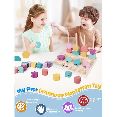 3 in 1Montessori Toy, Shape Sorter Sequencing Block Matching Lacing Beads STEM for Boys Girls 3 4 Year Old Toddler Kids (3 in 1 Edition)