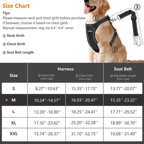 VavoPaw Dog Vehicle Safety Vest Harness, Adjustable Soft Padded Mesh Car Seat Belt Leash Harness with Reflective Strip Travel Strap and Carabiner for Most Cars, M Size, Carbon Black
