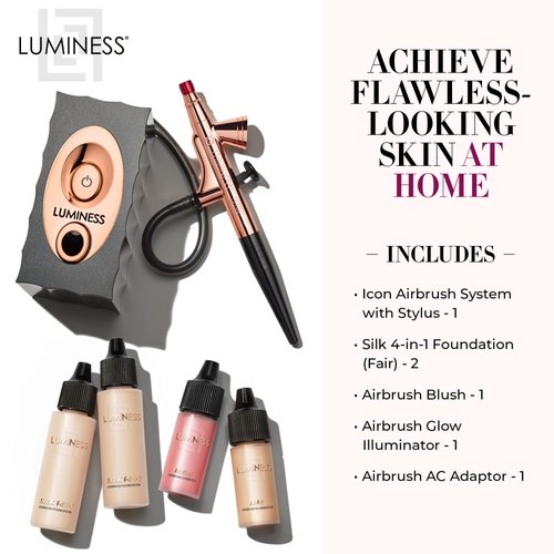 Luminess Air Icon Makeup Airbrush System and 4-Piece Foundation Starter Kit, Fair Coverage - Quick, Easy & Long Lasting Application - Includes Silk 4-In-1 Foundation, Highlighter & Blush