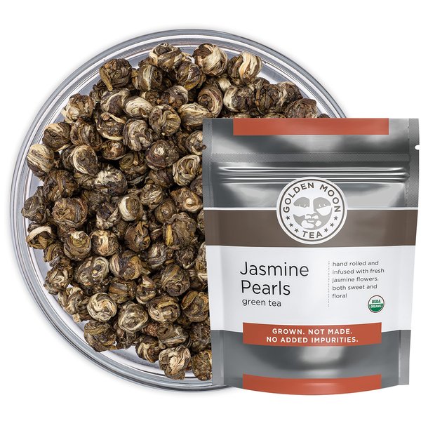 Golden Moon Organic Jasmine Pearls Green Tea - Loose Leaf, Non GMO - 1 Pound (181 Servings)