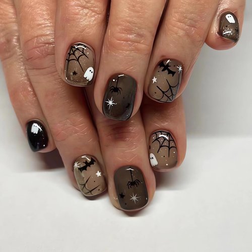 Halloween Square Fake Nails Spider Web Press on Nails Short Ghost Designs Halloween False Nails with Bat Full Cover Glue on Nails Cute Halloween Acrylic Nails Press ons for Women Girls 24Pcs