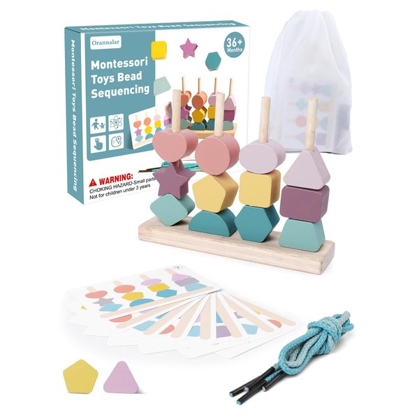 Orannalar Montessori Toys Bead Sequencing, Wooden Lacing Beads Shape Matching Blocks Stacker Stacking Game for 3 4 5 Year Old Boy Girl Kids Fine Motor Skills (2 in 1 Edition)
