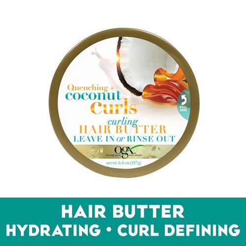 OGX Quenching + Coconut Curls Curling Hair Butter, Deep Moisture Leave-In Hair Mask & Treatment with Coconut Oil, Citrus Oil & Honey, Paraben-Free and Sulfated-Surfactants Free, 6.6 oz