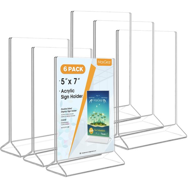 MaxGear Acrylic 5 X 7 inches Clear Sign Holder-Table Card Display-Table Menu Plastic Display Stand - Double Sided Ad Picture Frame for Office, Home, Store, Restaurant, 6 Pack