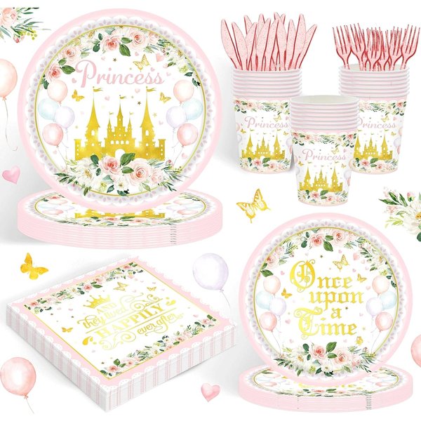 120PCS Princess Party Supplies for Girls Kids Baby Shower 1st Birthday Fairytale Castle Themed Party Decorations Once Upon A Time Disposable Tableware Set Plates Napkins Cups Set for 20 Guests