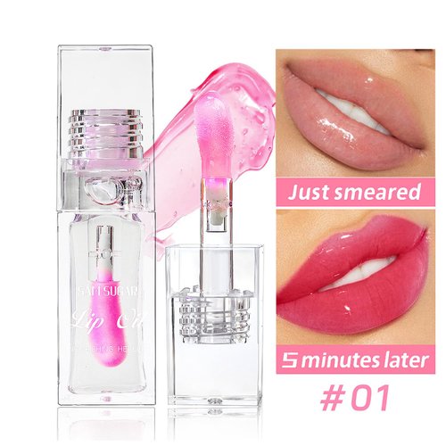 Magic Color Changing Lip Oil, Big Brush Moisturizing Lip Glow Oil Transparent Lip Care, Long Lasting Nourishing Plumping Glimmer Glow Lipstick, Tinted Lip Gloss Non-sticky Fresh (01 Clear to Pink)