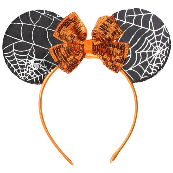 CIVFCRT Mouse Ears Headbands - Glitter Orange Bow Spider Web Hairbands Headband for Halloween Cosplay Costume Witch Princess Party Hair Decorations Accessories (Spider Web, 1 size)