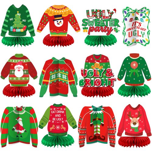 Weekgrat 12 Pcs Ugly Sweater Table Decor Christmas Ugly Sweater Honeycomb Centerpieces Xmas Ugly Sweater Party Decorations 3D Table Toppers for Christmas Winter (Sweater, Vivid Color)