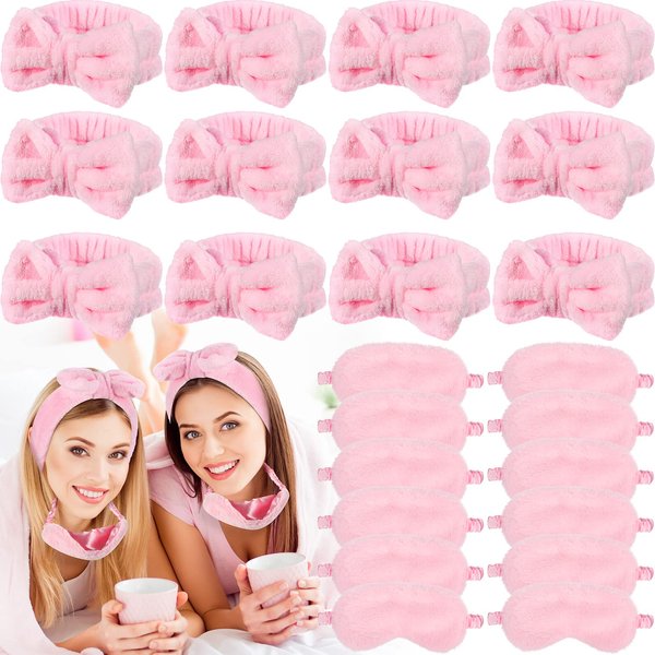 Jexine 24 Pcs Spa Headband Plush Sleep Eye Mask Bulk Bow Hair Band Makeup Headband for Washing Face Sleepover Party Supplies Sleeping Stuff Accessories for Single Party Women Spa(Simple Style)