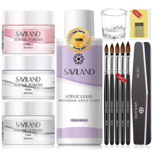 Saviland Acrylic Nail Kit - Big Capacity 30g Clear Pink White Acrylic Powder and Liquid Set 120ml for Acrylic Nails Extension, Beginner Nail Kit for Nail Art Designs Home DIY