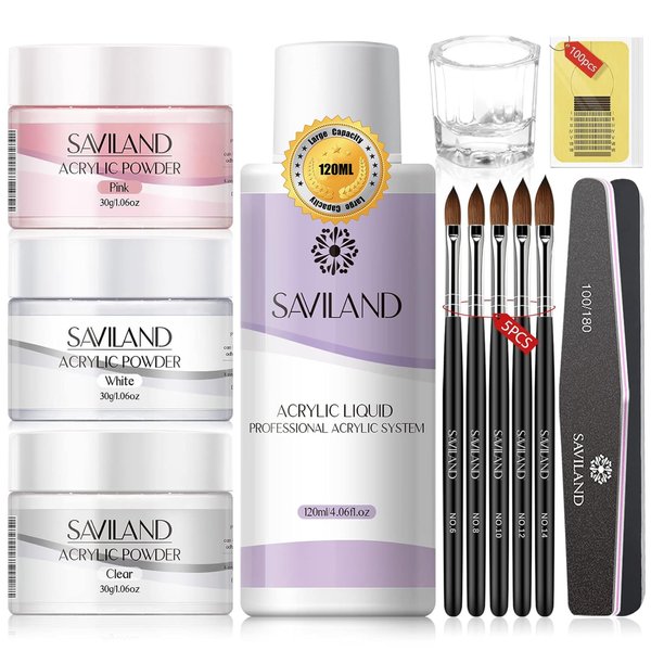 Saviland Acrylic Nail Kit - Big Capacity 30g Clear Pink White Acrylic Powder and Liquid Set 120ml for Acrylic Nails Extension, Beginner Nail Kit for Nail Art Designs Home DIY