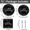 Wiooffen 96PCS Black Silver Birthday Paper Plates and Napkins Party Supplies Happy Birthday Party Decorations Disposable Birthday Party Tableware Dinnerware Set for Women Men Birthday Serves 24 Guests