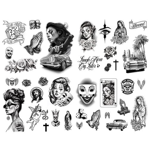 Los Vatos Chicano Vol. II - 36 Designs - Cholo Chola Temporary Tattoos For Men Women, Payasa, Lowrider, Virgin Mary, Prayer, Cross, Chicana, Gangster, Fake Tattoo, Día de Muertos, Tatuajes Temporales