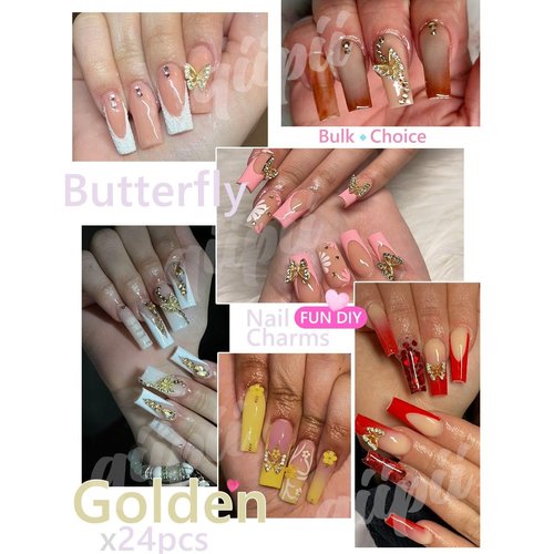 qiipii 24pcs Golden Butterfly Nail Charms Bulk 3D Charms for Acrylic Nails, Gold Butterflies Nail Rhinestones Charms Nail Alloy Studs Art Jewels Diamonds Gems Decor Supplies for Nails Face Makeup DIY