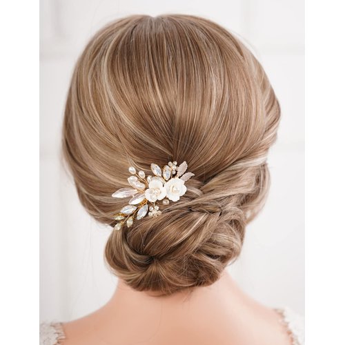 Missgrace Bride Wedding Crystal Pearl Leaf Rhinestones Hair Comb Gold Opal Bridal Hair Pieces Rhinestone Bridal Hair Clip Flower Hair Side Combs Wedding Hair Accessories for Brides Women (Gold Opal)