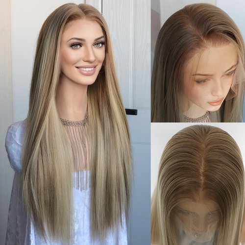 K'ryssma Blonde 13x6 Frontal Wig Highlight Blonde 13x6 Lace Front Wig Pre Plucked Glueless Long Straight Ombre Mixed Brown Synthetic Lace Front Wigs for Women with 6 Inch Deep Part 24 Inches