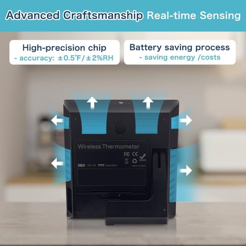 KIDLEDUCT Indoor Outdoor Thermometer Wireless Battery Powered, High Precision Inside Outside Humidity Temperature with Alert, 10S Backlight Weather Thermometers with 1 Sensor, 330ft Wireless, Black