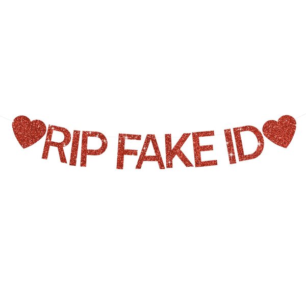 BEISHIDA 21st Birthday Decorations for Her Happy 21st Birthday Banner -NO DIY, Red Glitter RIP FAKE ID Banner Sign for 21st Birthday Backdrop Funny Party Supplies for Him Her Girl（FAKE ID ）