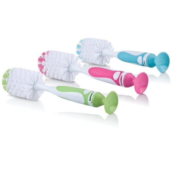 Nuby 2-Pack Easy Clean Bottle Brush with Suction Base, Colors May Vary, 5", 2 Count