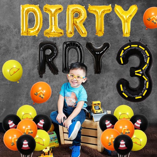 Wonmelody Construction 3rd Birthday Party Decorations Dirty 3rdy Dump Truck Balloon Banner Party Decorations Black Gold Excavator Roadblock Barricade Construction Decors for 3rd Years Old Boy
