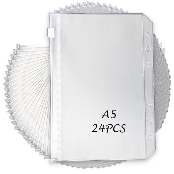24PCS A5 Binder Pockets A5 Budget Envelopes with Zipper Binder Zipper Folders for A5 6-Ring Notebook Binder, Waterproof Cash Envelope Document Filing Bags