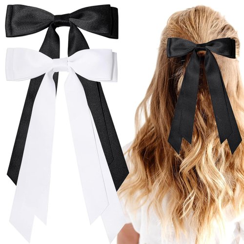 2PCS Silky Satin Hair Bows Ribbon Hair Clips, Fall Alligator Hair Pins, Ponytail Holder Accessories Sides Metal Hair Bow Barrettes Hair Accessories for Women Girls Kids (Black+White)
