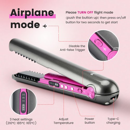 PRITECH Travel Flat Iron Cordless, Mini Hair Straightener and Curler for On The Go, Portable Size USB-C Rechargeable Dual Voltage Grey Straightening Iron for Thin Straight Fine Hair