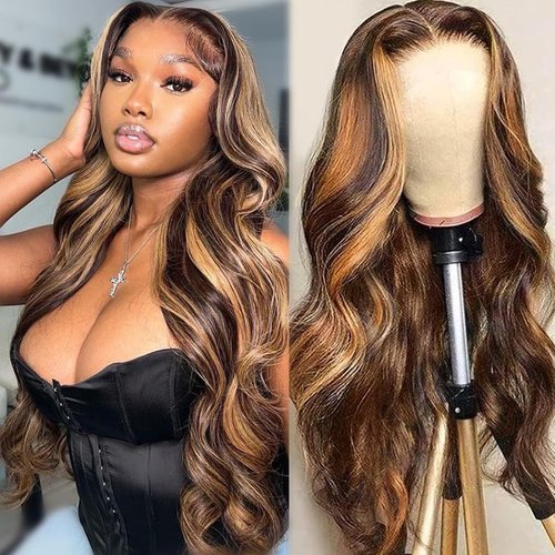 Glegov Honey Blonde Lace Front Wig Human Hair 13x6 HD Transparent 4/27 Highlight Ombre Lace Front Wigs 26inch Highlight Lace Frontal Wig Human Hair Wigs for Black Women Pre Plucked 180% Density