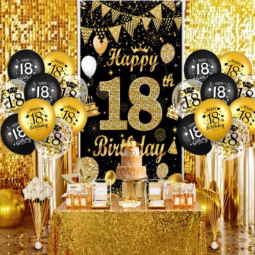 18th Birthday Party Decorations for Boys and Girls Black Gold Happy 18th Birthday Door Cover Banner with 18pcs 18th Birthday Black and Gold Balloons for 18th Birthday Anniversary Party Decor Supplies