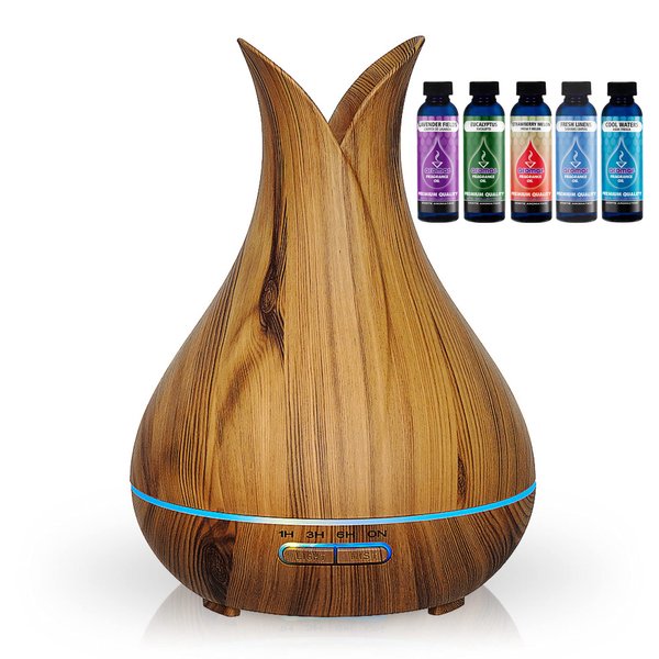 AROMAR Ultrasonic Oil Diffuser and Cool Mist Humidifier with 5 top Aromatic Oils for Aromatherapy Essential Oils, with 7 LED Colors and Auto Shut-Off for Home and Office, Large Capacity 400ml