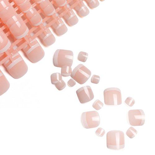 LIARTY 140 Pieces French Tip False Toenails Glossy Press on Toe Nails 14 Different Size Short Full Cover Natural Artificial Nail Tips for DIY Nail Art Women Natural