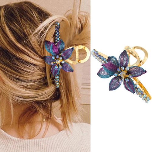 BARTOSI Copper Wire Flower Hair Claw Clips Blue Handmade Beaded Hair Clip Floral Hair Claw Clamps Hair Accessories for Women