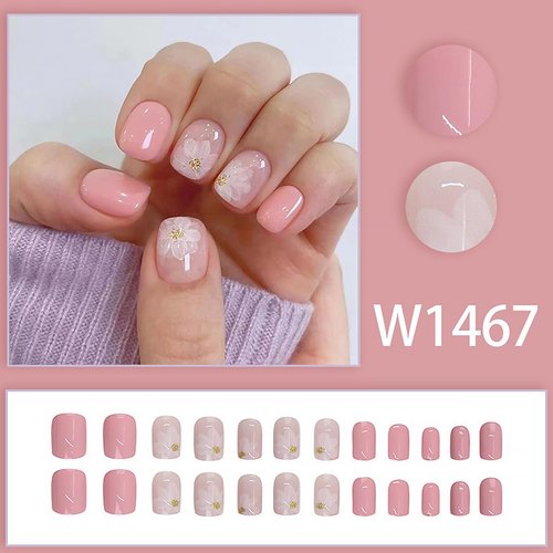 24pcs Flower Press on Nails Short Square Fake Nails Powder False Nails Short Coffin White Cute Flower Glue on Nails Designs Acrylic Artificial Nails Set for Women and Girls Decoration Nail Art