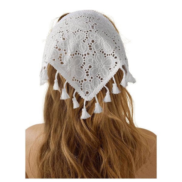 SHENHE Women's Tassel Trim Hair Scarf Headband Eyelet Fringe Triangle Bandana Kerchief White Floral Hollow Out One-Size
