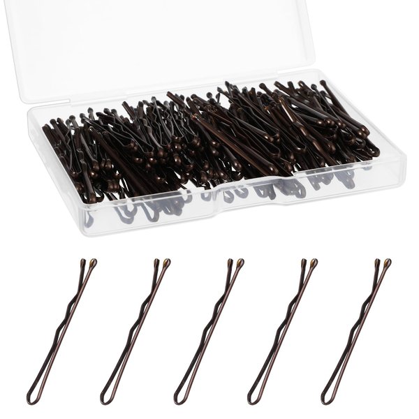 GEEHUA Mini Bobby Pins, 150 Count 1.38 Inch Curved Small Hair Pins Kit, Waved Hairpin with Storage Box for Kids Girls and Women Wedding Hairstyles All Styling Hair Clips Accessories (Brown)