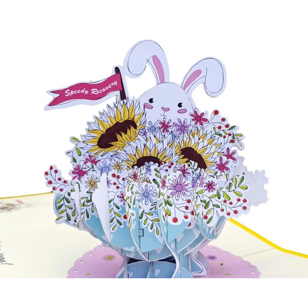iGifts And Cards Inspirational Sunflowers Get Well Soon 3D Pop Up Greeting Card - Rabbit, Bunny, Floral, Teacup, Blank, Half-Fold, Feel Better, Speedy Recovery, Under The Weather, Cheer Up, Motivation