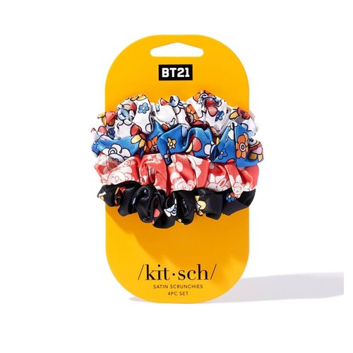 BT21 x Kitsch Satin Hair Scrunchies for Women - Softer Than Silk Scrunchies for Hair | Satin Scrunchies for Girls | Satin Hair Ties for Women | Silk Hair Ties No Damage | Silk Ponytail Holders, 4 pcs