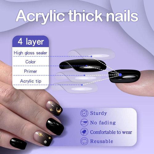 Yivaiks Star Black Press on Nails Short Goth Fake Nails with Glue on Nails Gradient Star Moon Finger False Nail Art for Women and Girls(Black Square 24pcs)