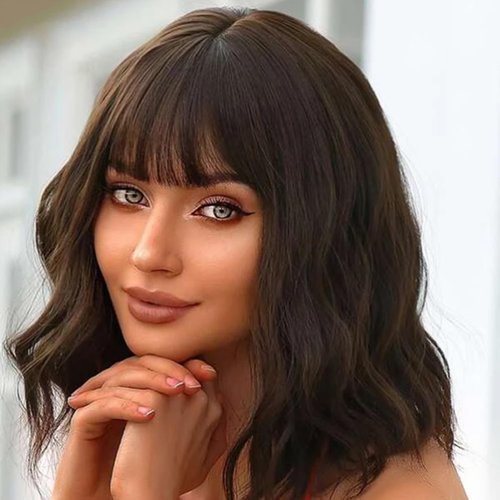 OTO BELLA Dark Brown Wig Short Curly Wigs with Bangs Synthetic Heat Resistant Wig for Women Girl Daily Party Cosplay Halloween Wigs (14IN, Brown)