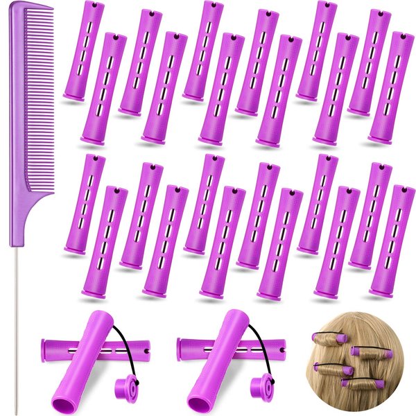 24 Pieces Hair Perm Rods Cold Wave Rods Plastic Perming Rods Curlers Hair Rollers with Steel Pintail Comb Rat Tail Comb Tools for Hairdressing Styling (0.75 Inches, Purple)