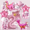 5pcs Pink Dinosaur Balloons, Girl Dinosaur Birthday Number Mylar Foil Balloon Pink Dinosaur 2nd Birthday Party Supplies Decorations (2nd)