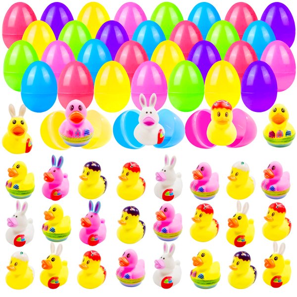 30 Pcs Prefilled Easter Eggs with Bunny Duckies,Bright Colorful Easter Eggs Prefilled with Variety Duckies for Fun Bath Bunny Duckies, Easter Basket Stuffers and Bathtub Toys Party Favors
